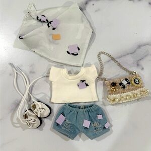 Labubu 5 piece outfit. Scarf, tee shirt, denim shorts and handbag